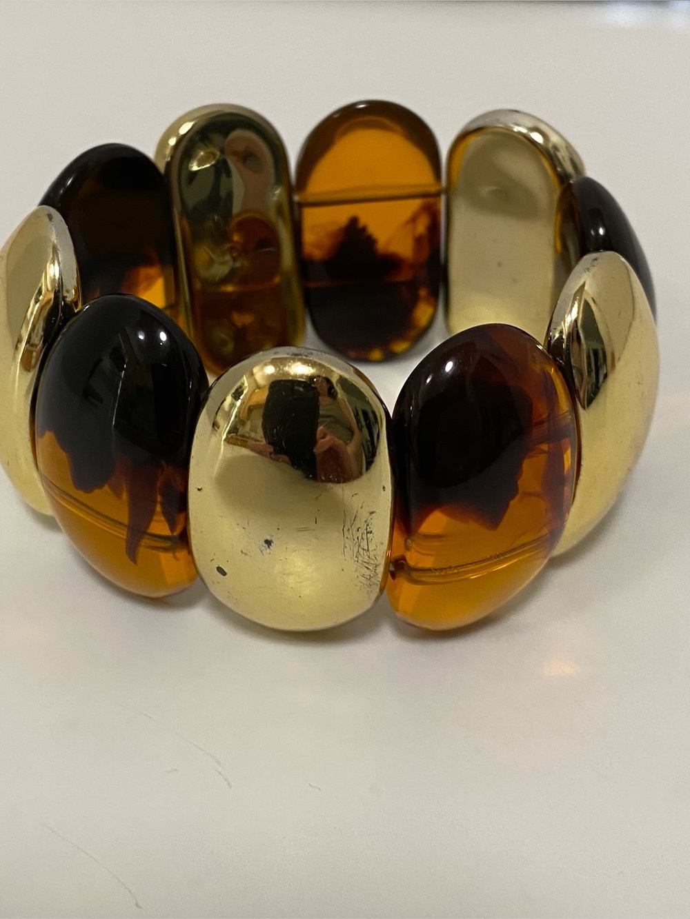 Mid-century Gold tone,& Amber acrylic Stretch Bracelet - Women Jewelry